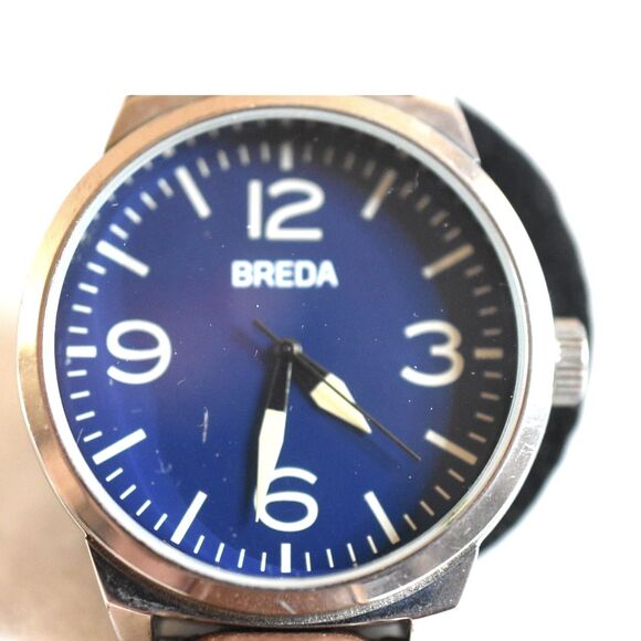 Breda Blue Face Silver Tone Brown Leather Band New Battery Works Great Watch - Picture 1 of 4